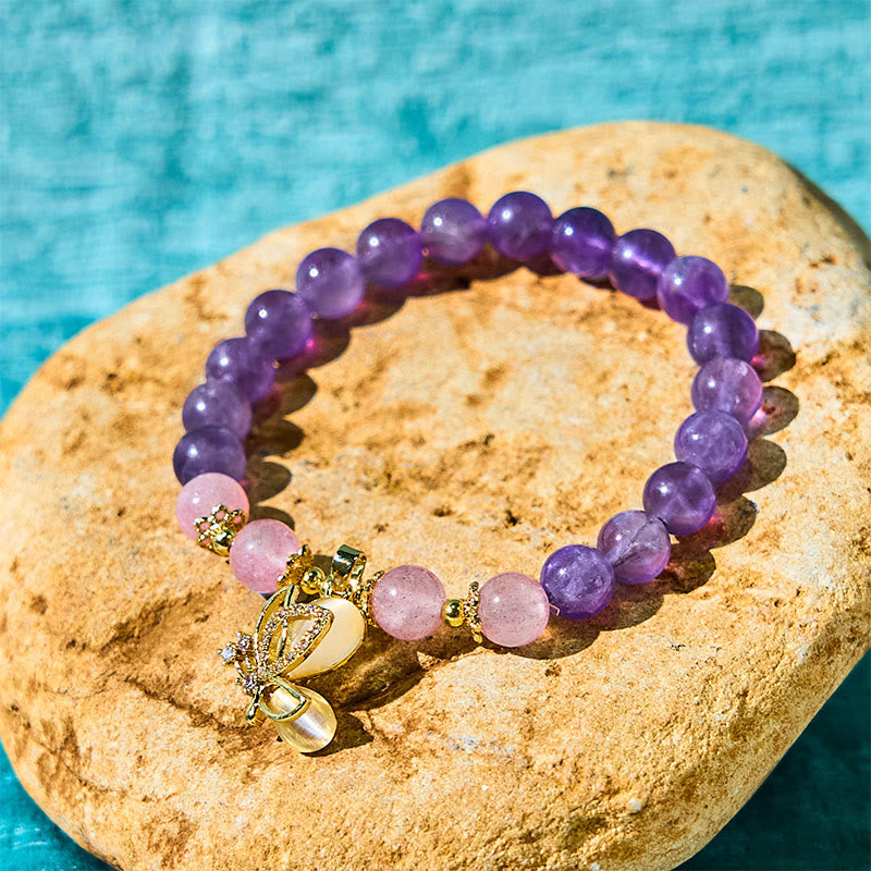 Buddha Stones Natural Amethyst Strawberry Quartz Crystal Healing Butterfly Charm Bracelet