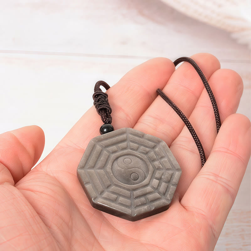 Buddha Stones Silver Sheen Obsidian Bagua Yin Yang Symbol Protection Necklace Pendant