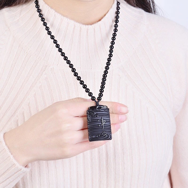 Buddha Stones Natural Black Obsidian Bamboo Fulfillment Necklace Pendant