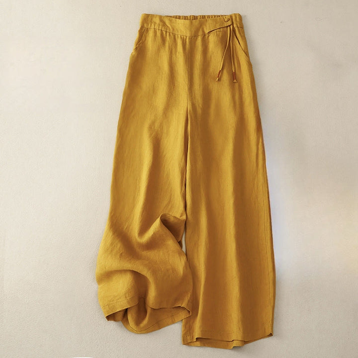 Buddha Stones Casual Plain High Waist Women's Cotton Linen Wide Leg Pants With Pockets - Goldenrod - US12，UK/AU16，EU44 (3XL) - image 0