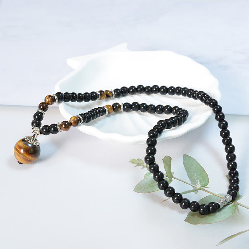 Buddha Stones Black Obsidian Tiger Eye Strengthen Necklace Pendant - image 1
