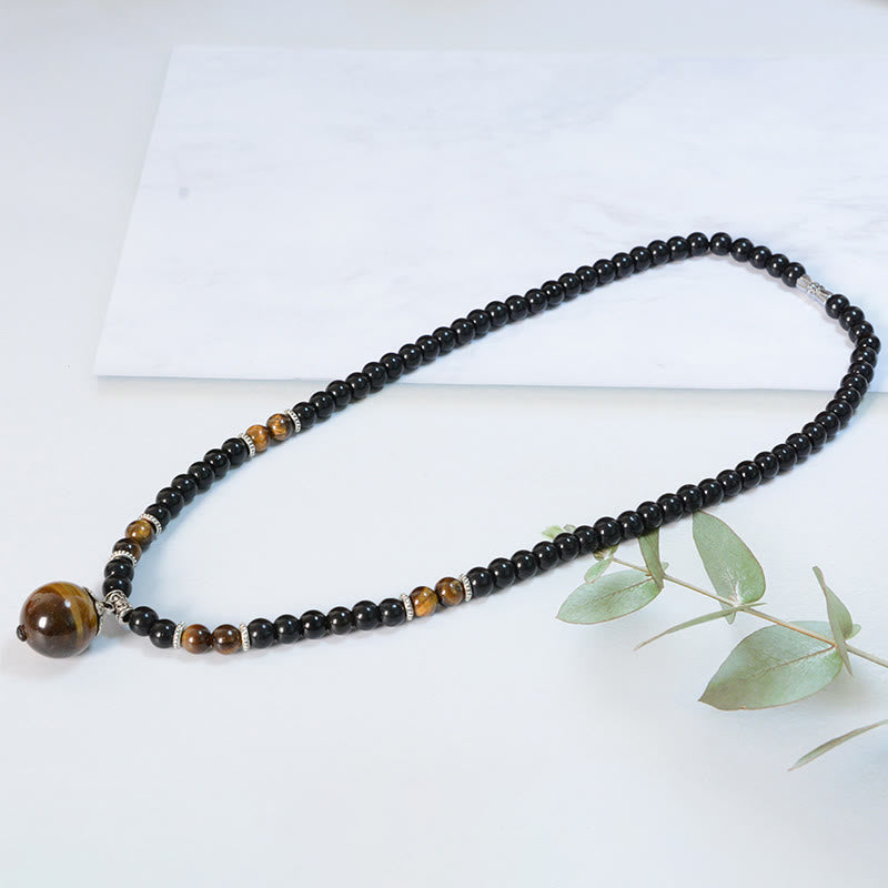 Buddha Stones Black Obsidian Tiger Eye Strengthen Necklace Pendant