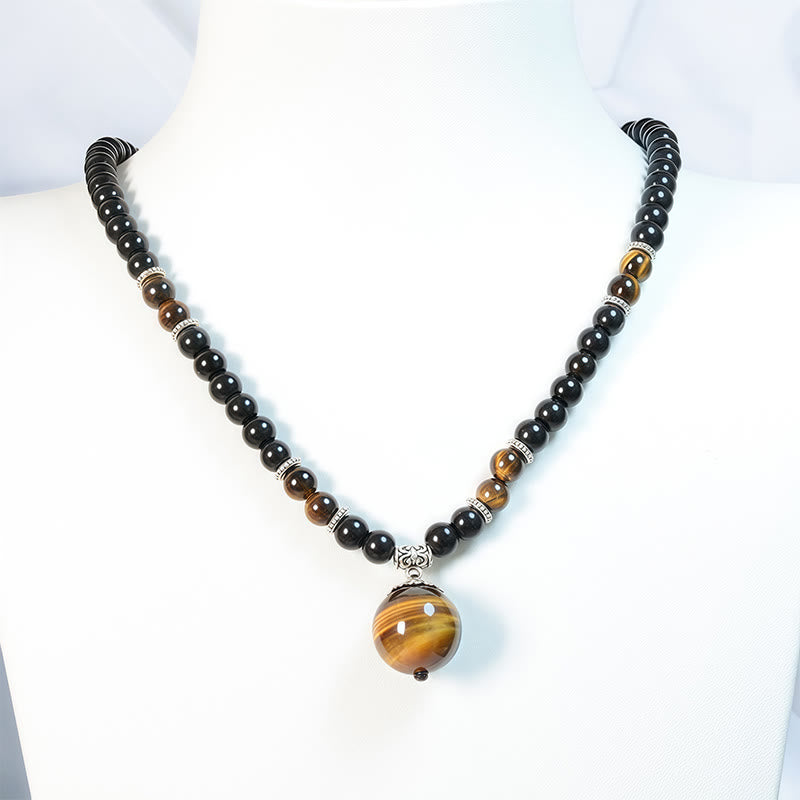 Buddha Stones Black Obsidian Tiger Eye Strengthen Necklace Pendant - image 2