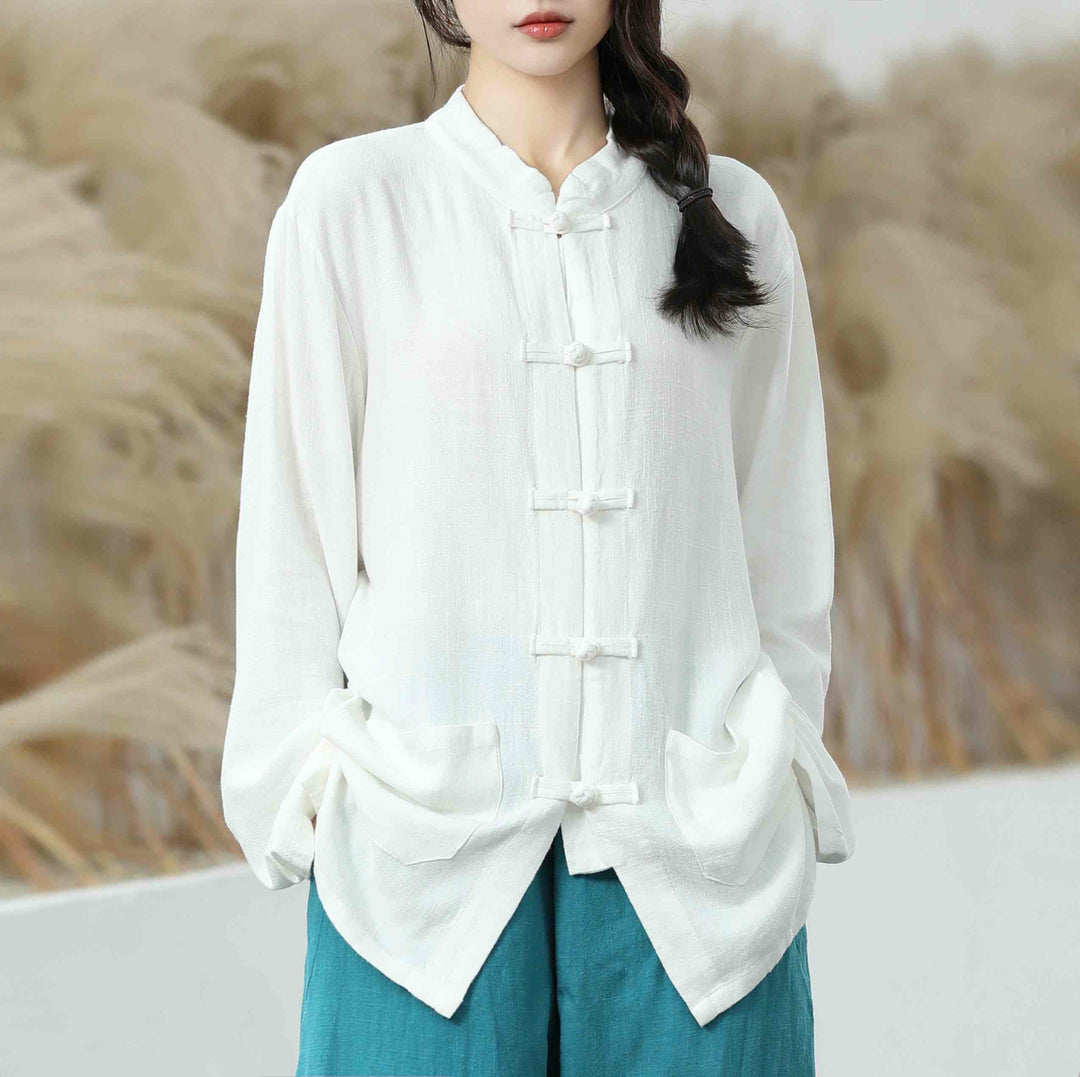 Buddha Stones Solid Color Frog-button Long Sleeve Cotton Linen Women's Shirts With Pockets - White - US6，UK/AU10，EU38 (XL) - image 1
