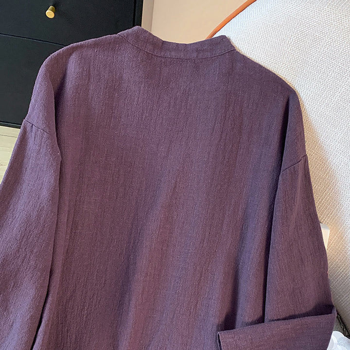 Buddha Stones Casual Women's Plain Frog-Button Stand Collar Design Long Sleeve Cotton Linen Shirt - image 7
