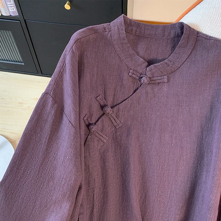 Buddha Stones Casual Women's Plain Frog-Button Stand Collar Design Long Sleeve Cotton Linen Shirt - image 5