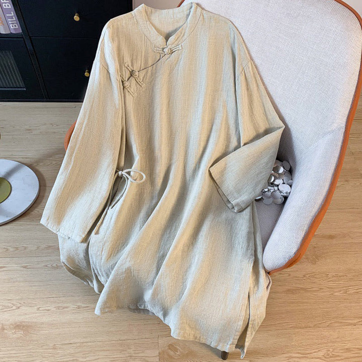 Buddha Stones Casual Women's Plain Frog-Button Stand Collar Design Long Sleeve Cotton Linen Shirt - Beige - US8-10，UK/AU12-14，EU40-42 (2XL) - image 11
