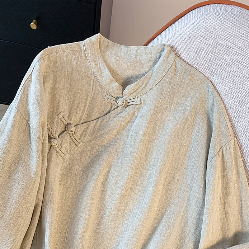 Buddha Stones Casual Women's Plain Frog-Button Stand Collar Design Long Sleeve Cotton Linen Shirt - image 14