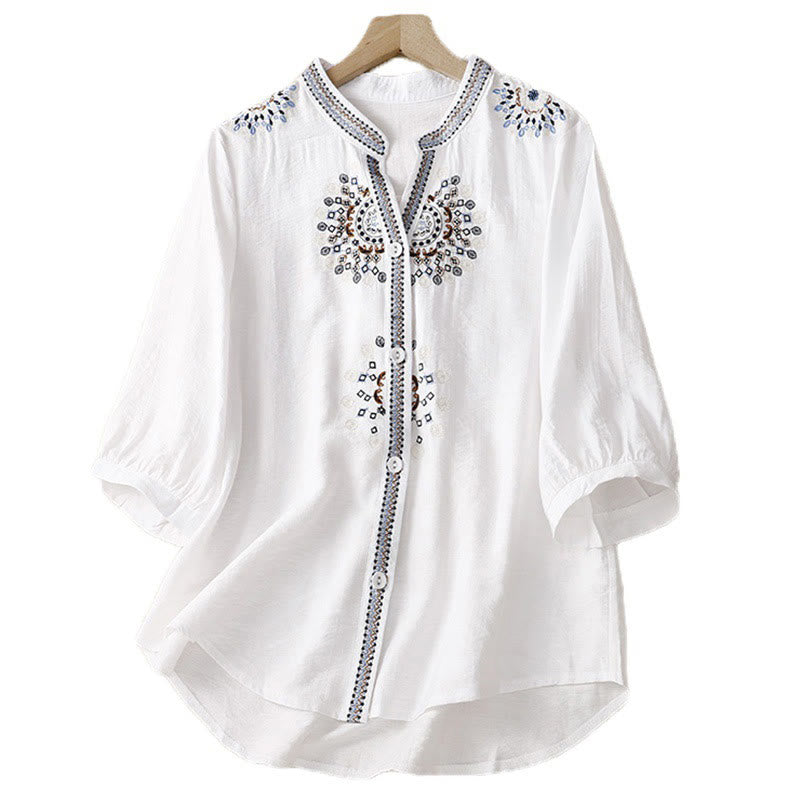 Buddha Stones Casual Women's Bohemia Embroidery Flowers V-Neck Design Half Sleeve Shirt - image 1
