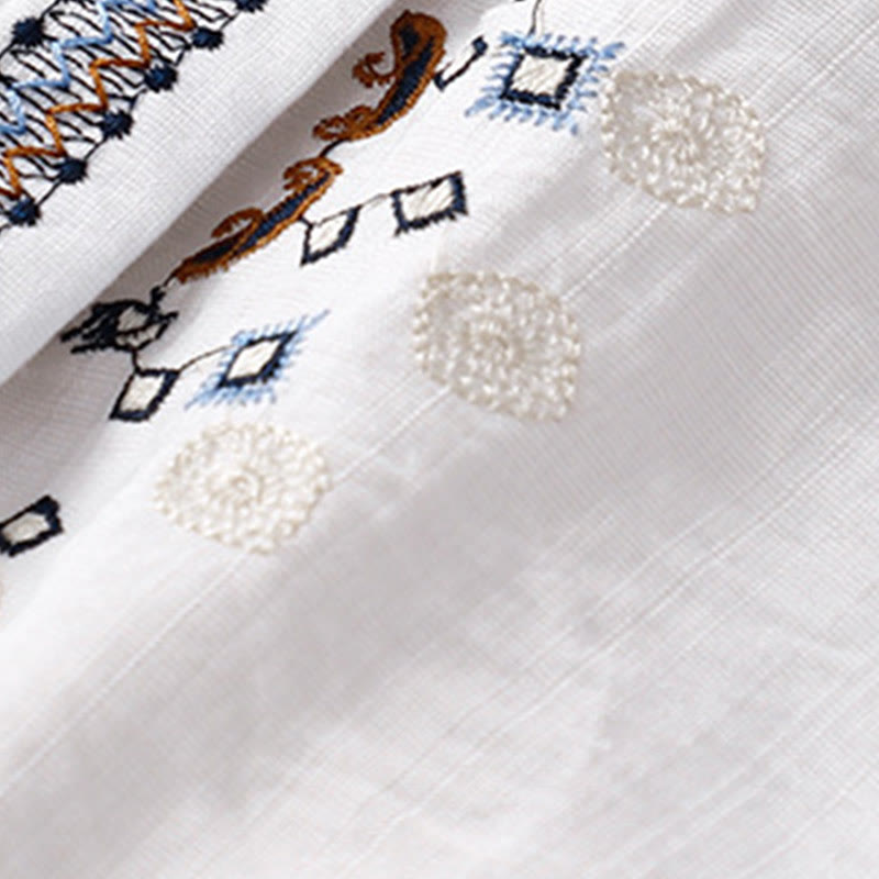 Buddha Stones Casual Women's Bohemia Embroidery Flowers V-Neck Design Half Sleeve Shirt - image 4