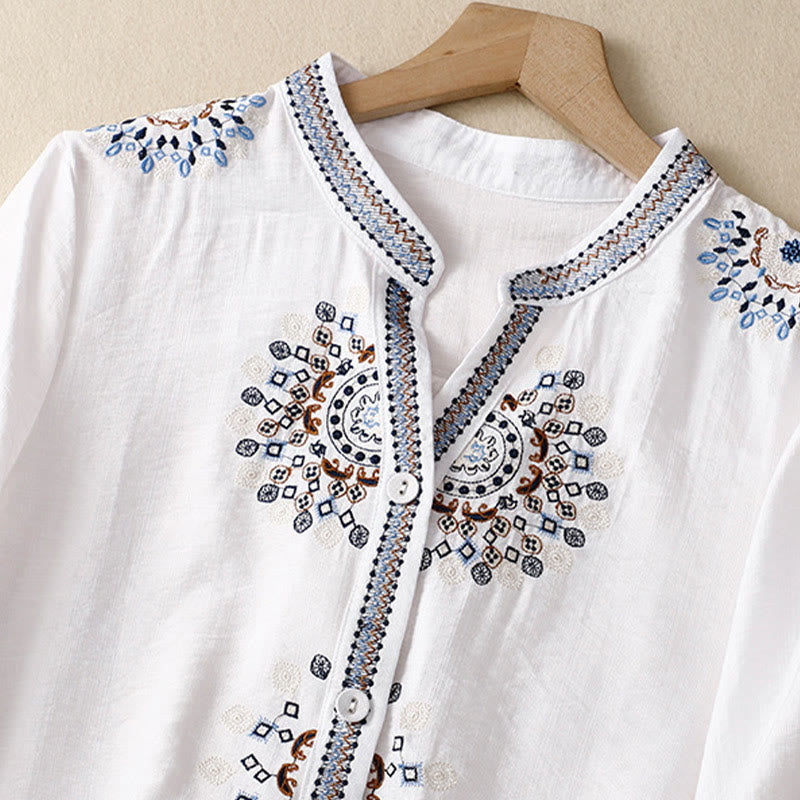 Buddha Stones Casual Women's Bohemia Embroidery Flowers V-Neck Design Half Sleeve Shirt - image 2