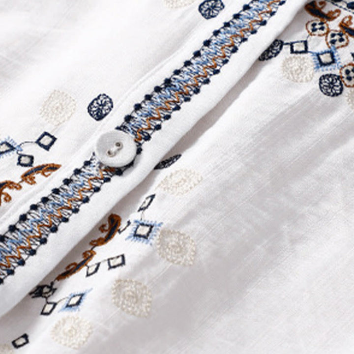 Buddha Stones Casual Women's Bohemia Embroidery Flowers V-Neck Design Half Sleeve Shirt - image 3