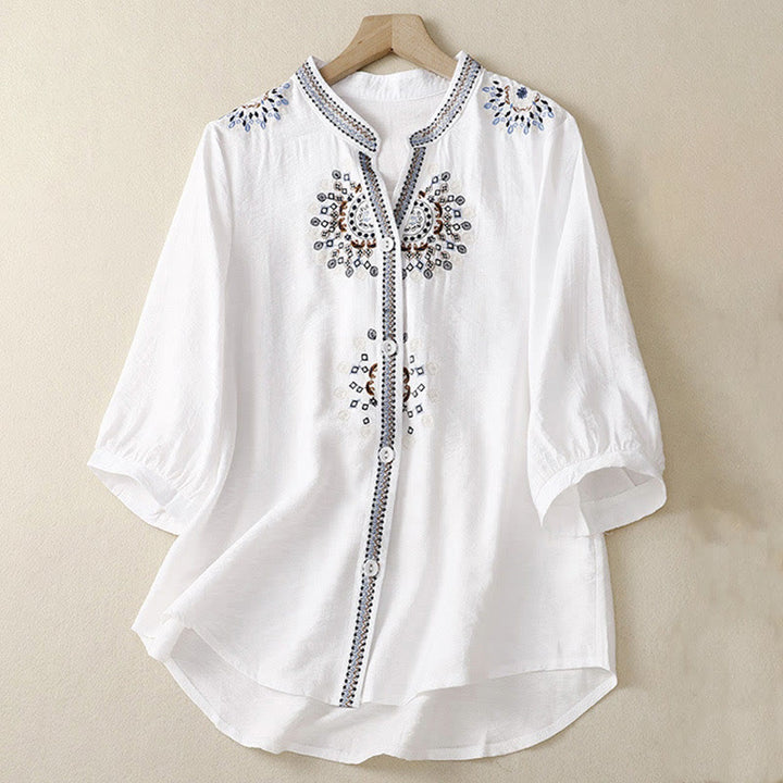 Buddha Stones Casual Women's Bohemia Embroidery Flowers V-Neck Design Half Sleeve Shirt - White - US8-10，UK/AU12-14，EU40-42 (2XL) - image 0