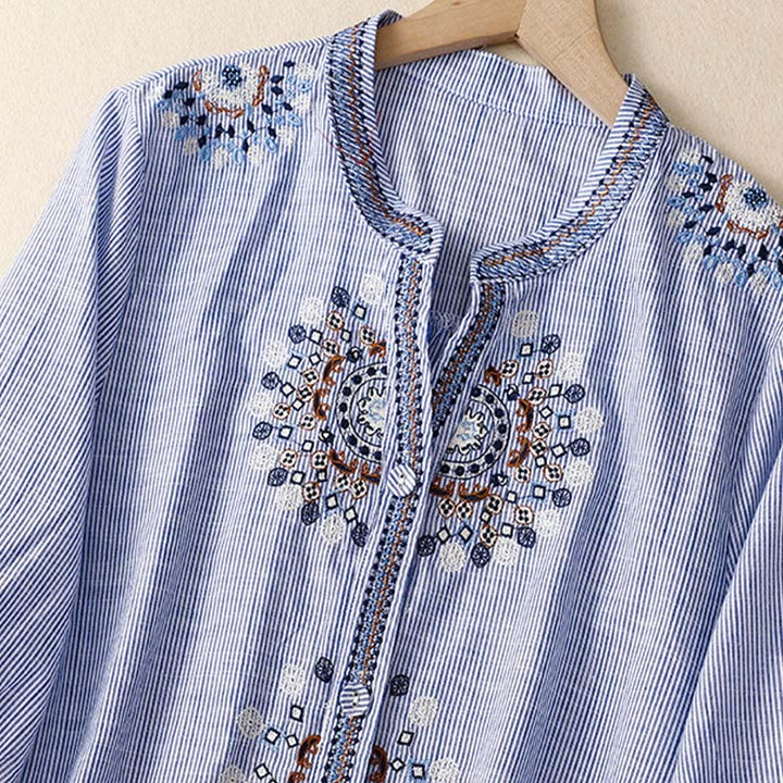 Buddha Stones Casual Women's Bohemia Embroidery Flowers V-Neck Design Half Sleeve Shirt - image 7