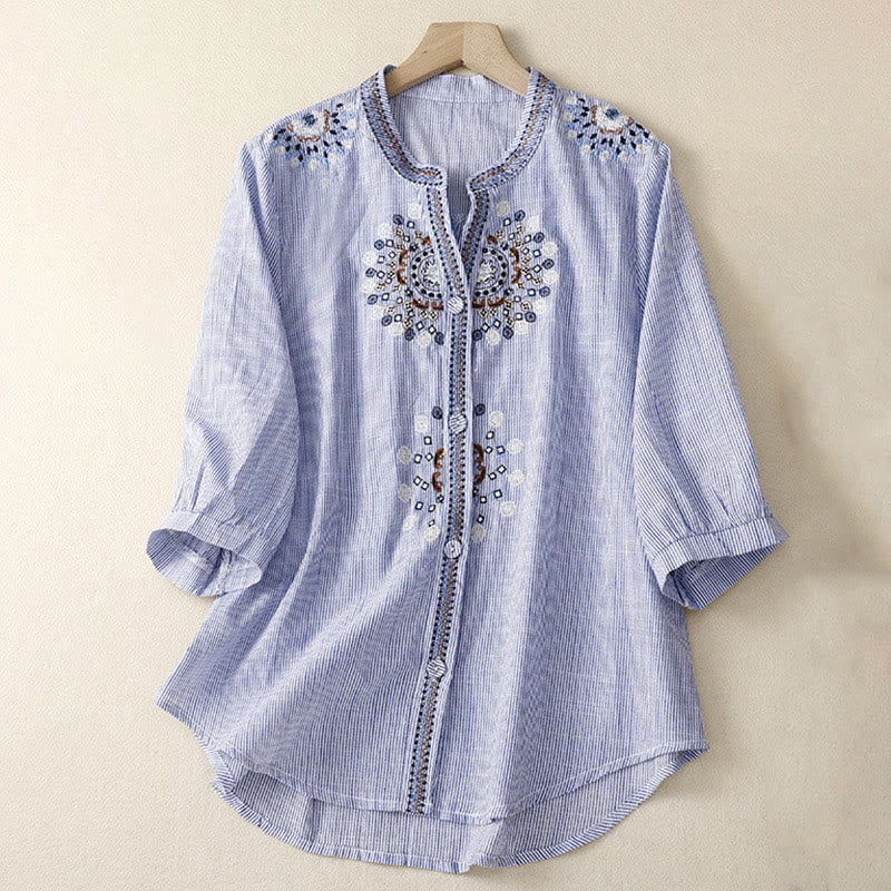 Buddha Stones Casual Women's Bohemia Embroidery Flowers V-Neck Design Half Sleeve Cotton Linen Shirt