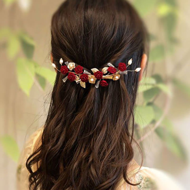 Buddha Stones Chinese Oriental Wedding Bridal Red Rose Hair Clip