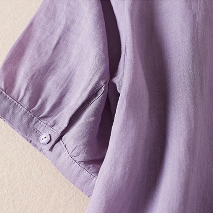 Buddha Stones Casual Embroidery Plants Women's V-Neck Design Half Sleeve Cotton Blended Shirt - image 5