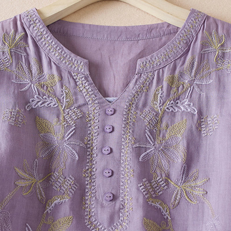 Buddha Stones Casual Embroidery Plants Women's V-Neck Design Half Sleeve Cotton Blended Shirt - image 2