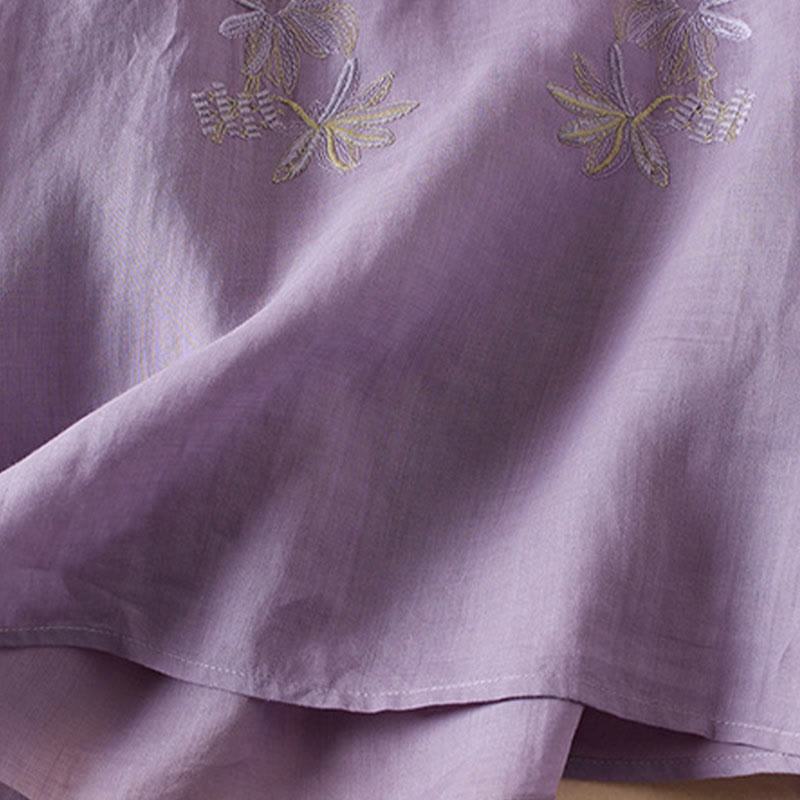 Buddha Stones Casual Embroidery Plants Women's V-Neck Design Half Sleeve Cotton Blended Shirt - image 6