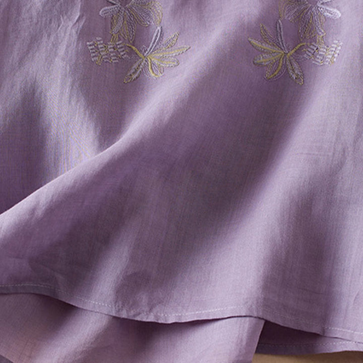 Buddha Stones Casual Embroidery Plants Women's V-Neck Design Half Sleeve Cotton Blended Shirt - image 6