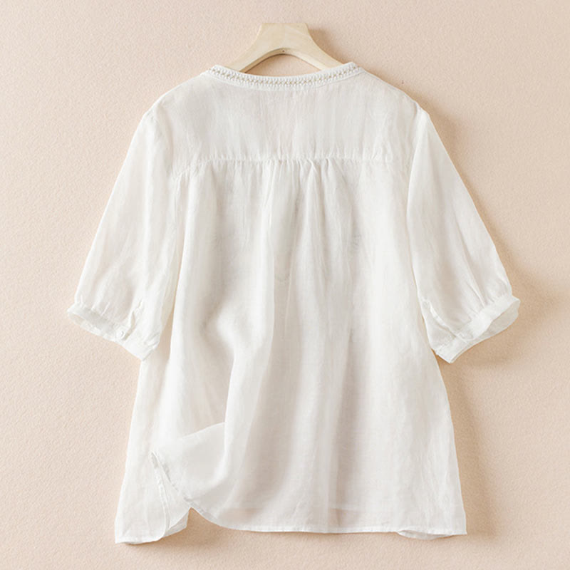 Buddha Stones Casual Embroidery Plants Women's V-Neck Design Half Sleeve Cotton Blended Shirt - image 9