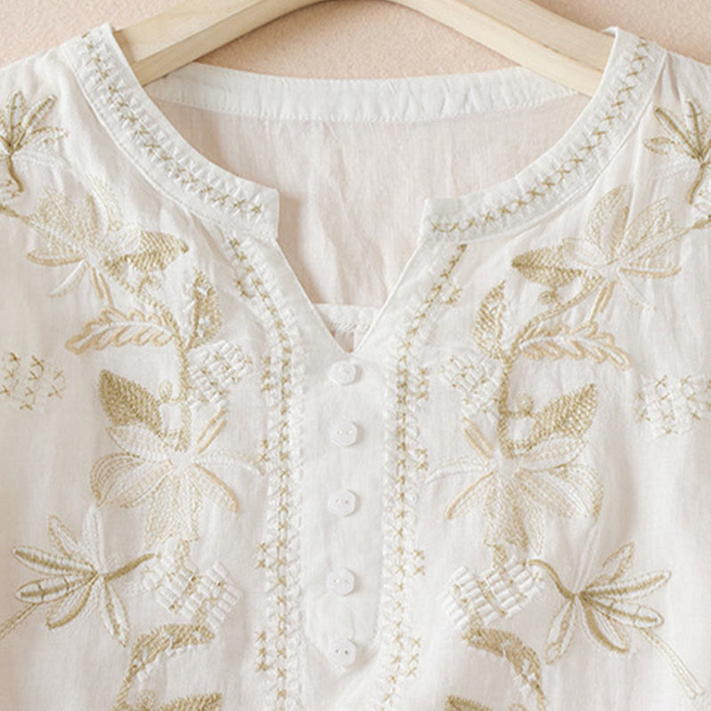 Buddha Stones Casual Embroidery Plants Women's V-Neck Design Half Sleeve Cotton Blended Shirt - image 10