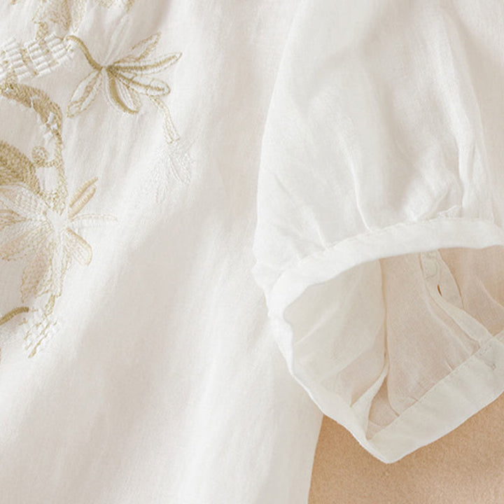 Buddha Stones Casual Embroidery Plants Women's V-Neck Design Half Sleeve Cotton Blended Shirt - image 13