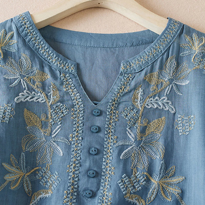 Buddha Stones Casual Embroidery Plants Women's V-Neck Design Half Sleeve Cotton Blended Shirt - image 17