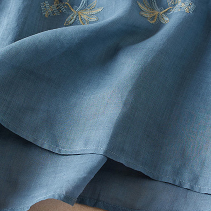 Buddha Stones Casual Embroidery Plants Women's V-Neck Design Half Sleeve Cotton Blended Shirt - image 18