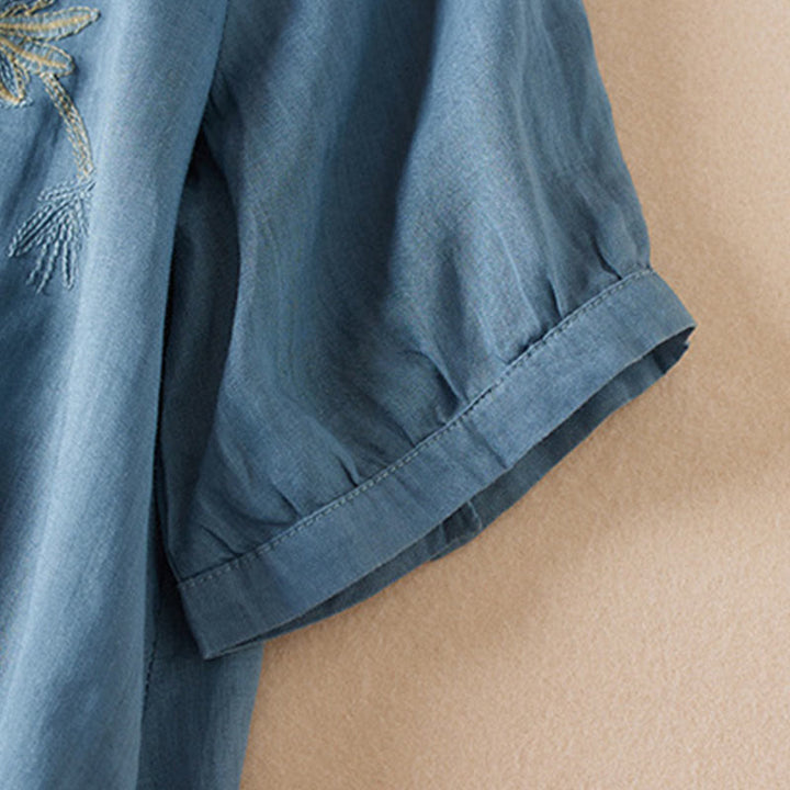 Buddha Stones Casual Embroidery Plants Women's V-Neck Design Half Sleeve Cotton Blended Shirt - image 19