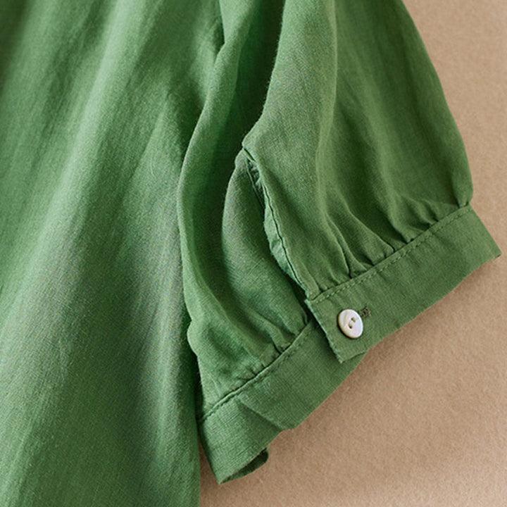 Buddha Stones Casual Embroidery Plants Women's V-Neck Design Half Sleeve Cotton Blended Shirt - image 25