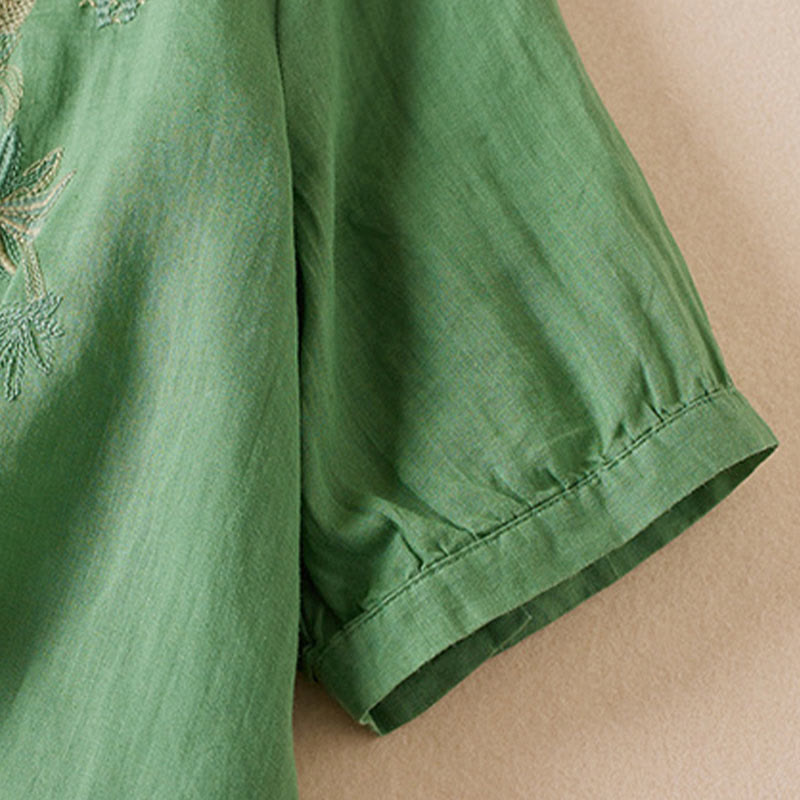 Buddha Stones Casual Embroidery Plants Women's V-Neck Design Half Sleeve Cotton Blended Shirt - image 27