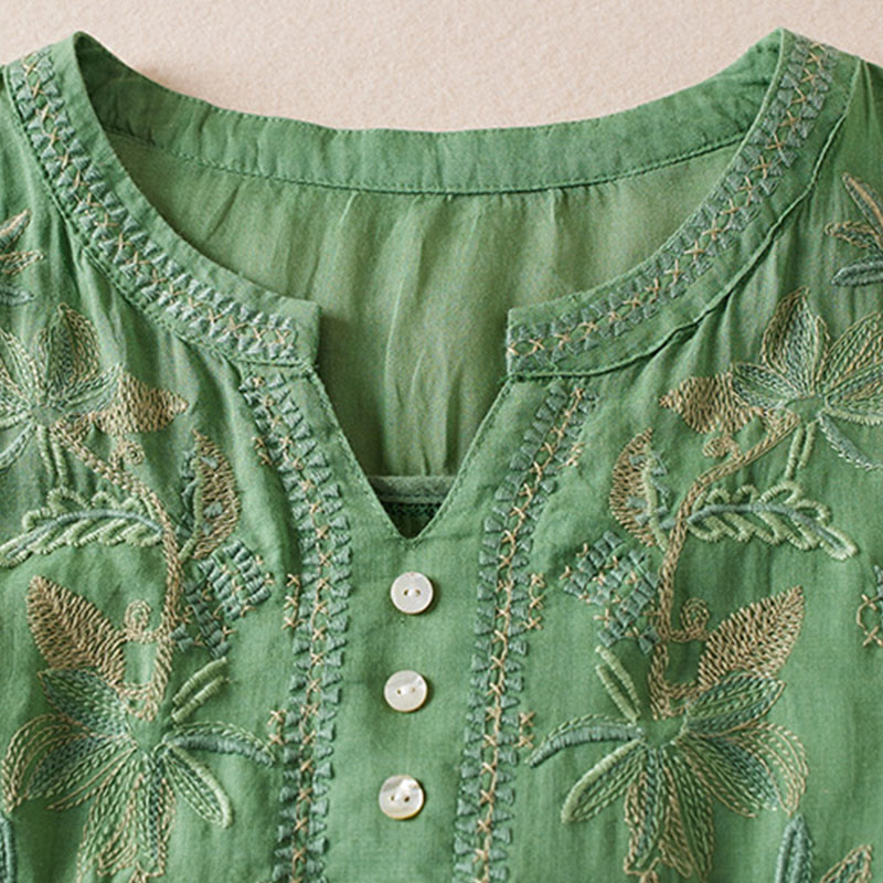 Buddha Stones Casual Embroidery Plants Women's V-Neck Design Half Sleeve Cotton Blended Shirt - image 24