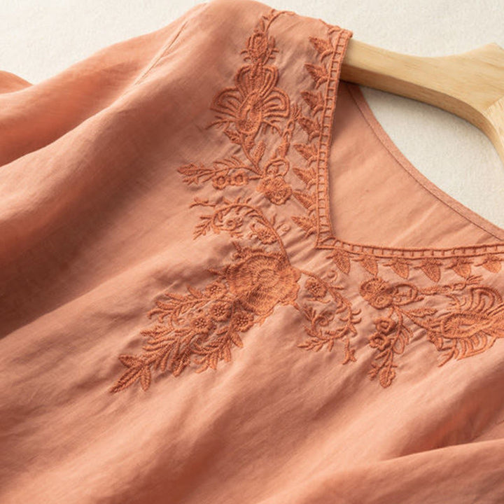 Buddha Stones Casual Embroidery Floral Women's V-Neck Design Half Sleeve Cotton Shirt - image 10