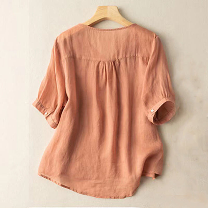 Buddha Stones Casual Embroidery Floral Women's V-Neck Design Half Sleeve Cotton Shirt - image 7