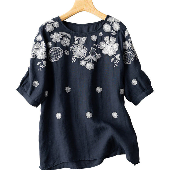 Buddha Stones Casual Embroidered Petals Women's Crew Neck Design Half Sleeve Cotton T-Shirt