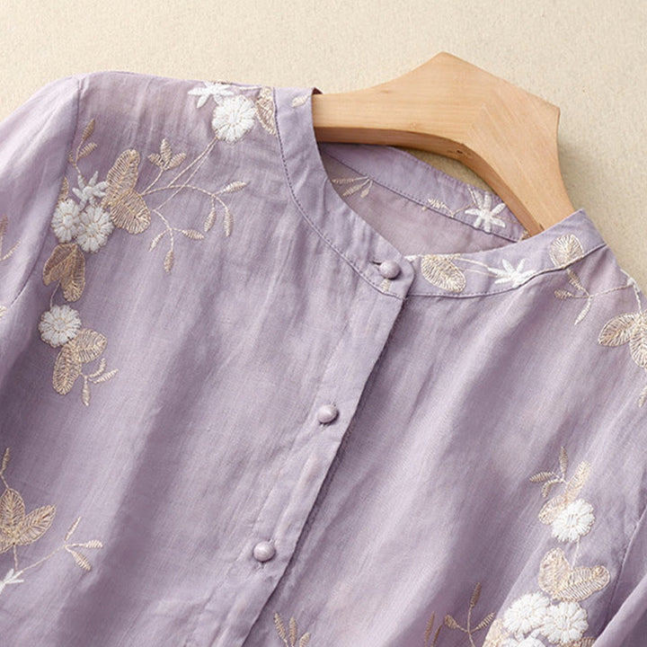 Buddha Stones Casual Embroidered Petals Spliced Women's Crew Neck Design Half Sleeve Shirt - image 1