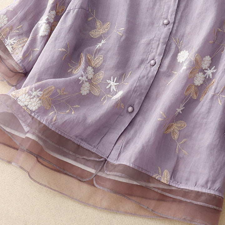 Buddha Stones Casual Embroidered Petals Spliced ​​Organza Women's Crew Neck Design Half Sleeve Cotton Cardigan Shirt - image 2