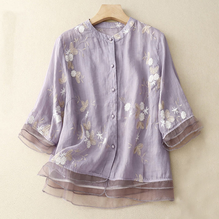 Buddha Stones Casual Embroidered Petals Spliced Women's Crew Neck Design Half Sleeve Shirt - Plum - US8-10，UK/AU12-14，EU40-42 (2XL) - image 0