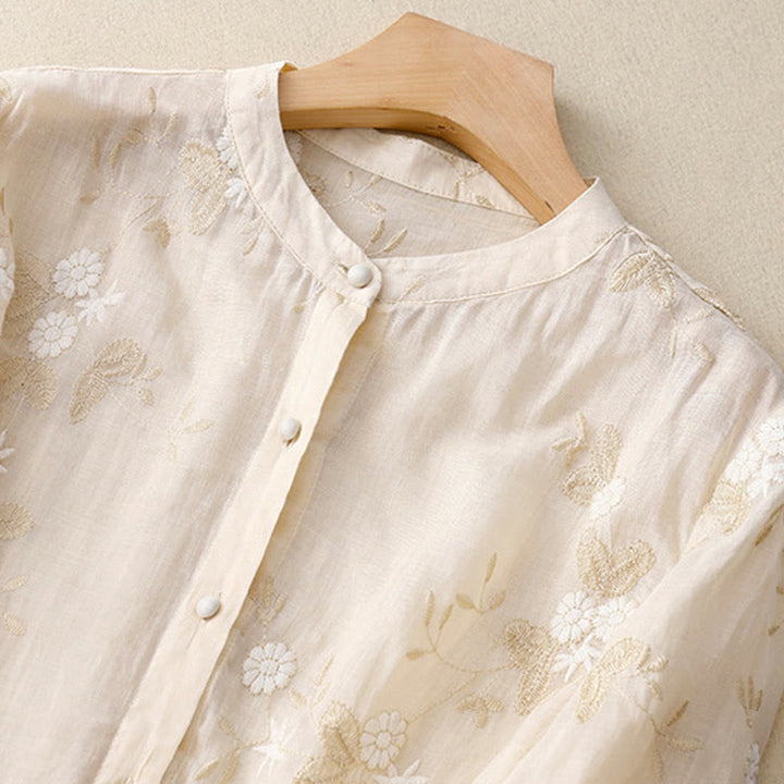 Buddha Stones Casual Embroidered Petals Spliced ​​Organza Women's Crew Neck Design Half Sleeve Cotton Cardigan Shirt - image 5