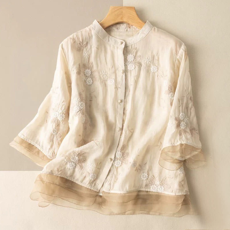 Buddha Stones Casual Embroidered Petals Spliced ​​Organza Women's Crew Neck Design Half Sleeve Cotton Cardigan Shirt - LightYellow - US8-10，UK/AU12-14，EU40-42 (2XL) - image 5