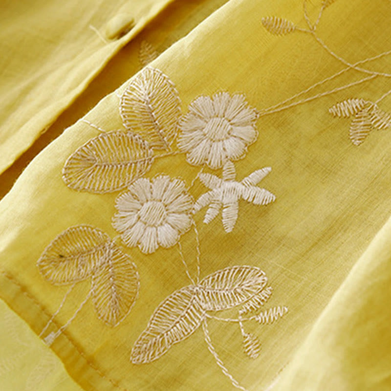 Buddha Stones Casual Embroidered Petals Spliced ​​Organza Women's Crew Neck Design Half Sleeve Cotton Cardigan Shirt - image 14
