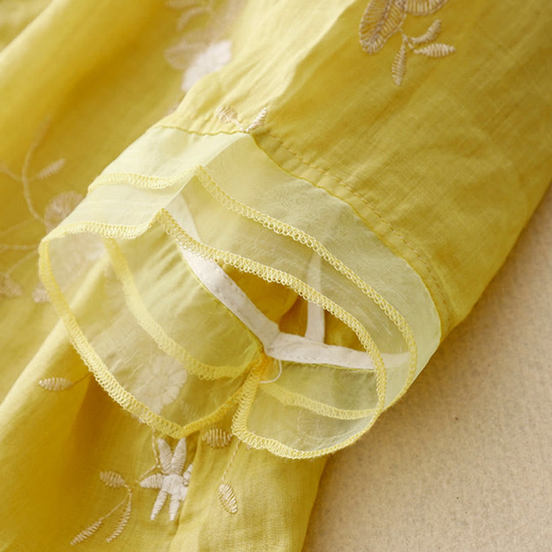 Buddha Stones Casual Embroidered Petals Spliced ​​Organza Women's Crew Neck Design Half Sleeve Cotton Cardigan Shirt - image 11