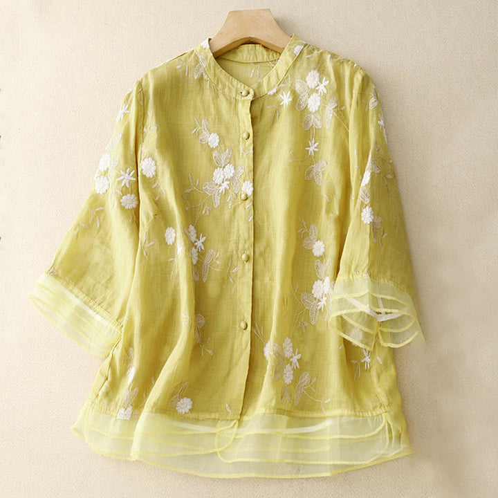 Buddha Stones Casual Embroidered Petals Spliced ​​Organza Women's Crew Neck Design Half Sleeve Cotton Cardigan Shirt - Khaki - US8-10，UK/AU12-14，EU40-42 (2XL) - image 9