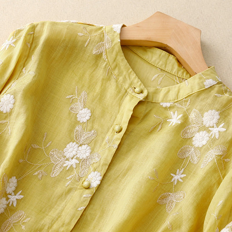 Buddha Stones Casual Embroidered Petals Spliced ​​Organza Women's Crew Neck Design Half Sleeve Cotton Cardigan Shirt - image 10