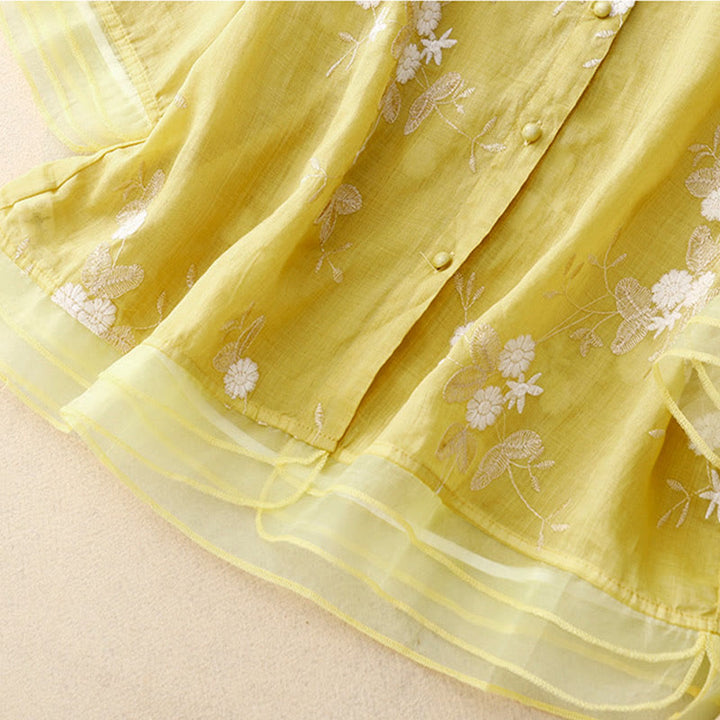 Buddha Stones Casual Embroidered Petals Spliced ​​Organza Women's Crew Neck Design Half Sleeve Cotton Cardigan Shirt - image 13