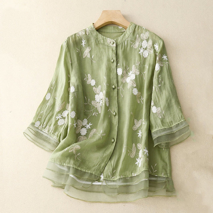 Buddha Stones Casual Embroidered Petals Spliced ​​Organza Women's Crew Neck Design Half Sleeve Cotton Cardigan Shirt - LightGreen - US8-10，UK/AU12-14，EU40-42 (2XL) - image 14