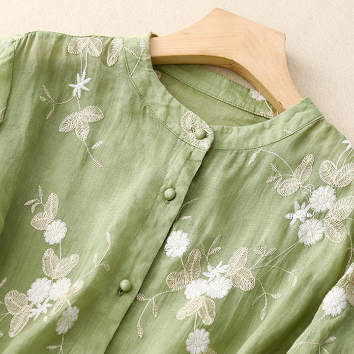 Buddha Stones Casual Embroidered Petals Spliced Organza Women's Crew Neck Design Half Sleeve Cotton Shirt - image 16