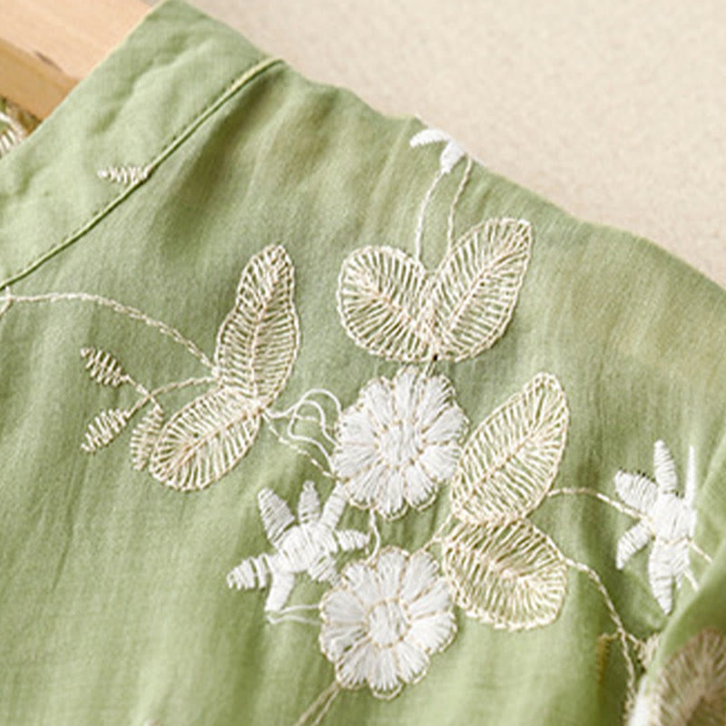 Buddha Stones Casual Embroidered Petals Spliced ​​Organza Women's Crew Neck Design Half Sleeve Cotton Cardigan Shirt - image 18