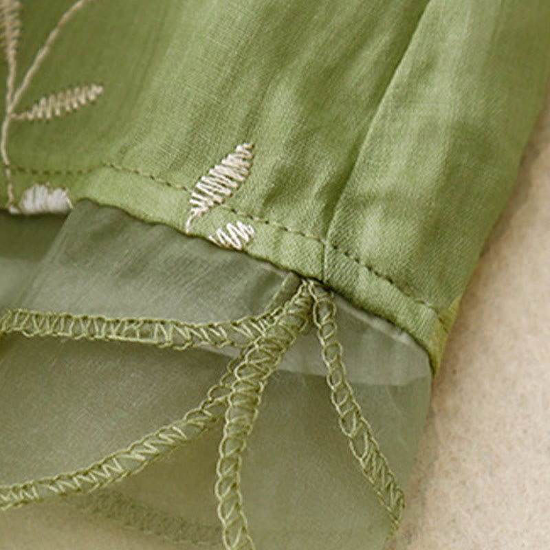 Buddha Stones Casual Embroidered Petals Spliced Organza Women's Crew Neck Design Half Sleeve Cotton Shirt - image 18